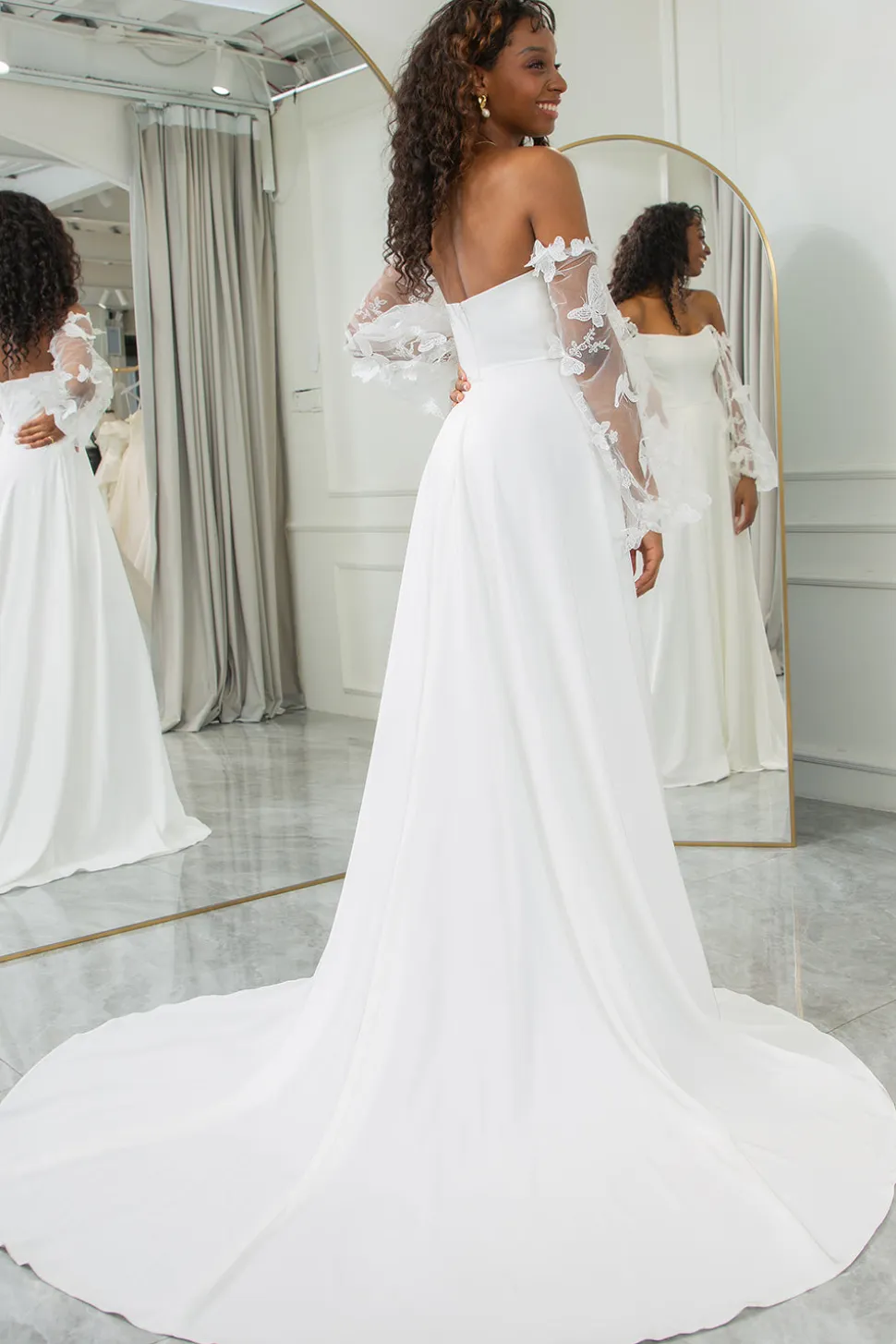 Marfim Destacável Mangas Longas Borboletas Boho Vestido de Noiva