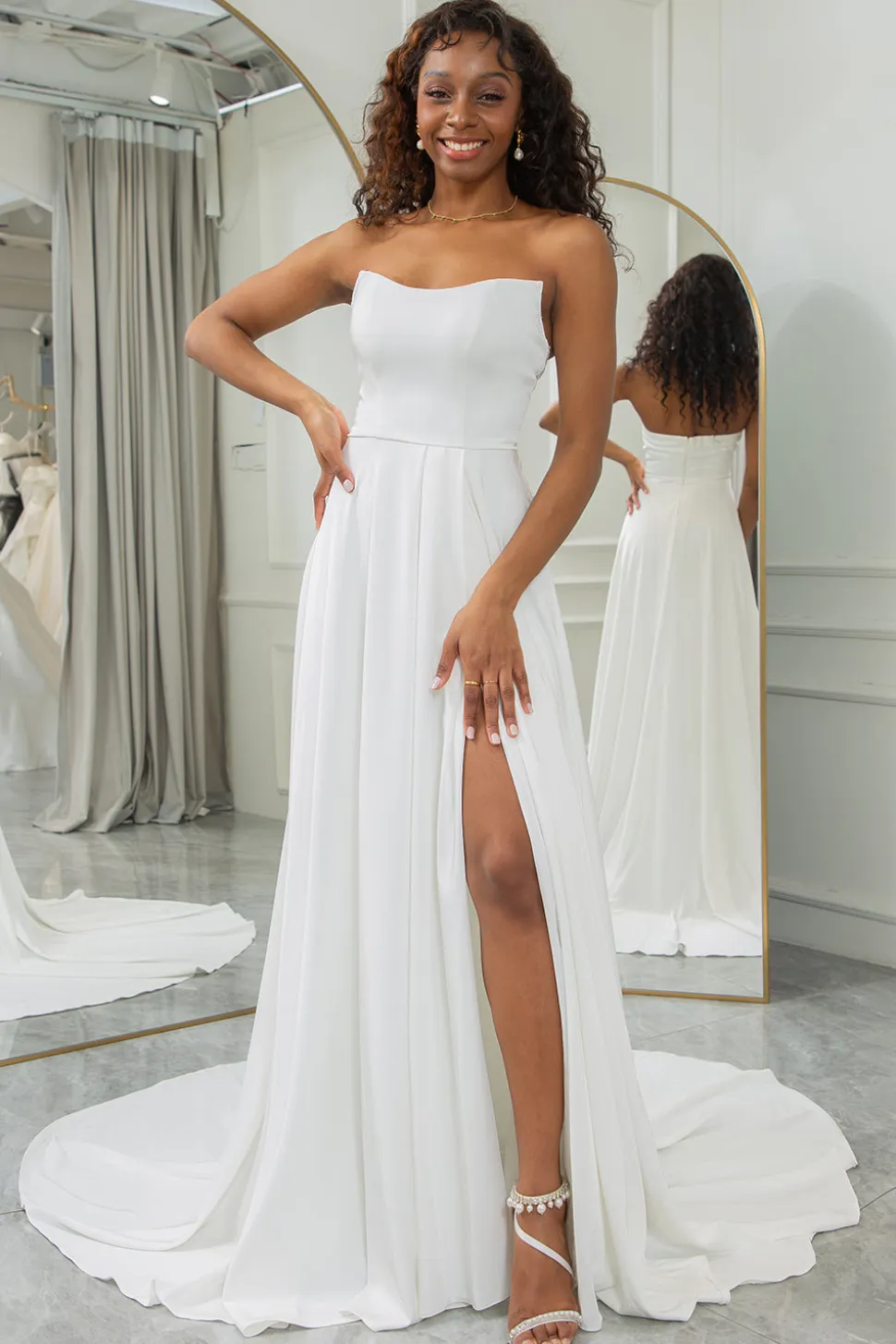 Marfim Destacável Mangas Longas Borboletas Boho Vestido de Noiva