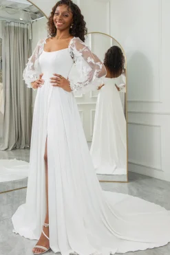 Marfim Destacável Mangas Longas Borboletas Boho Vestido de Noiva