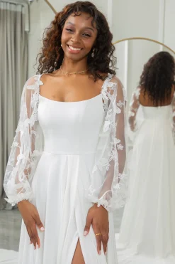 Marfim Destacável Mangas Longas Borboletas Boho Vestido de Noiva