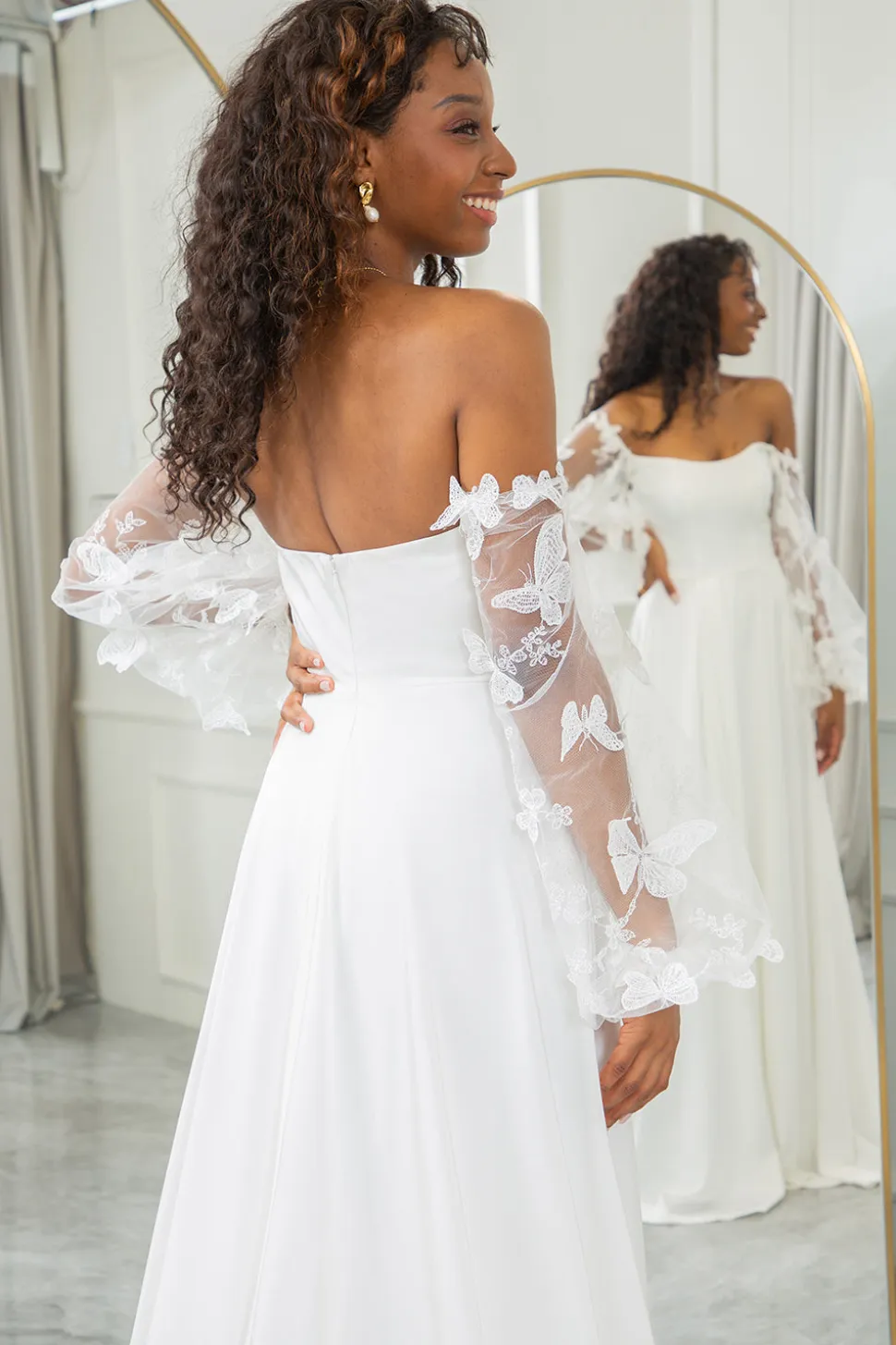 Marfim Destacável Mangas Longas Borboletas Boho Vestido de Noiva
