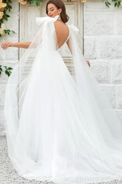 Marfim destacável Watteau trem tule vestido de noiva