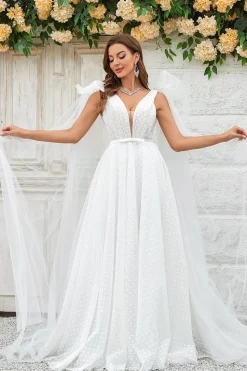 Marfim destacável Watteau trem tule vestido de noiva