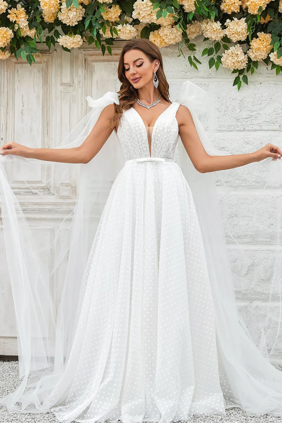Marfim destacável Watteau trem tule vestido de noiva