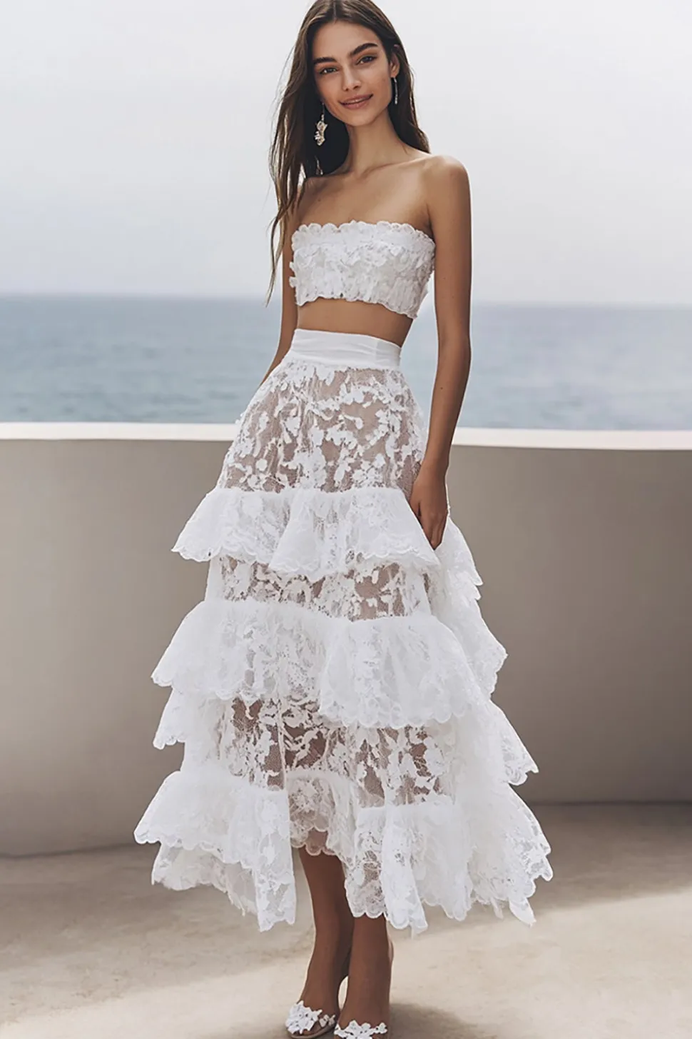 Marfim Direto Renda Midi Vestido de noivado com Babados