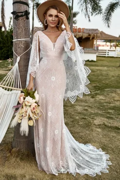Marfim e Champanhe Renda Vestido de Noiva Boho