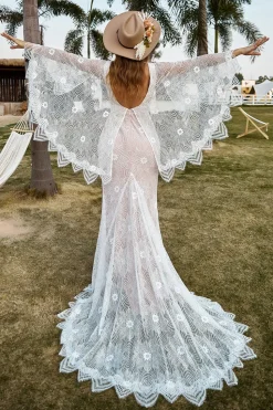 Marfim e Champanhe Renda Vestido de Noiva Boho