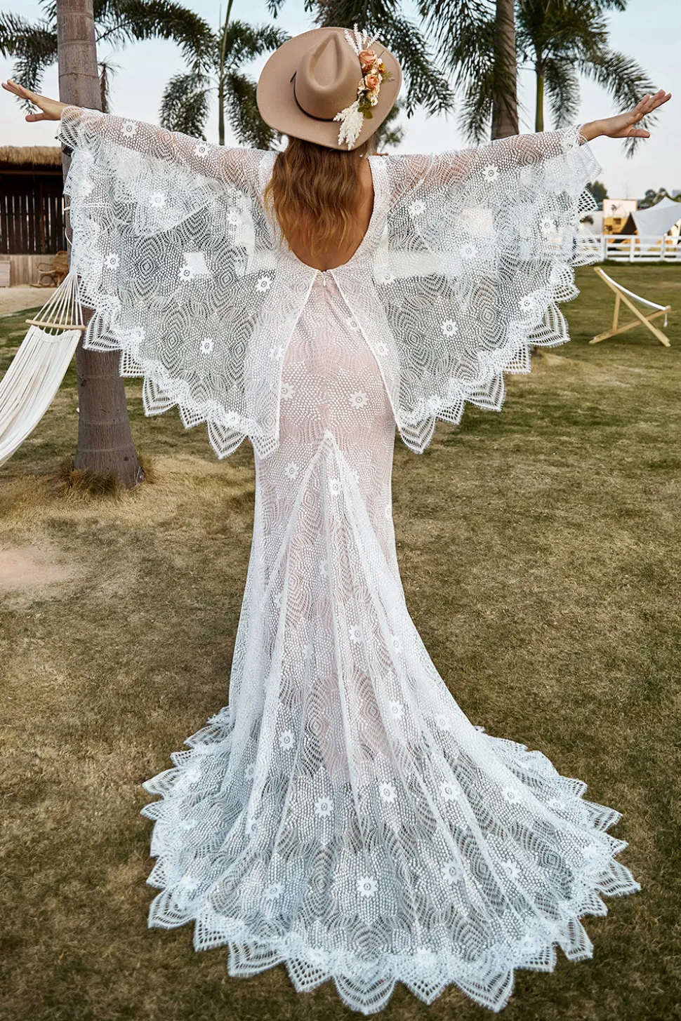 Marfim e Champanhe Renda Vestido de Noiva Boho