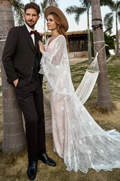 Marfim e Champanhe Renda Vestido de Noiva Boho