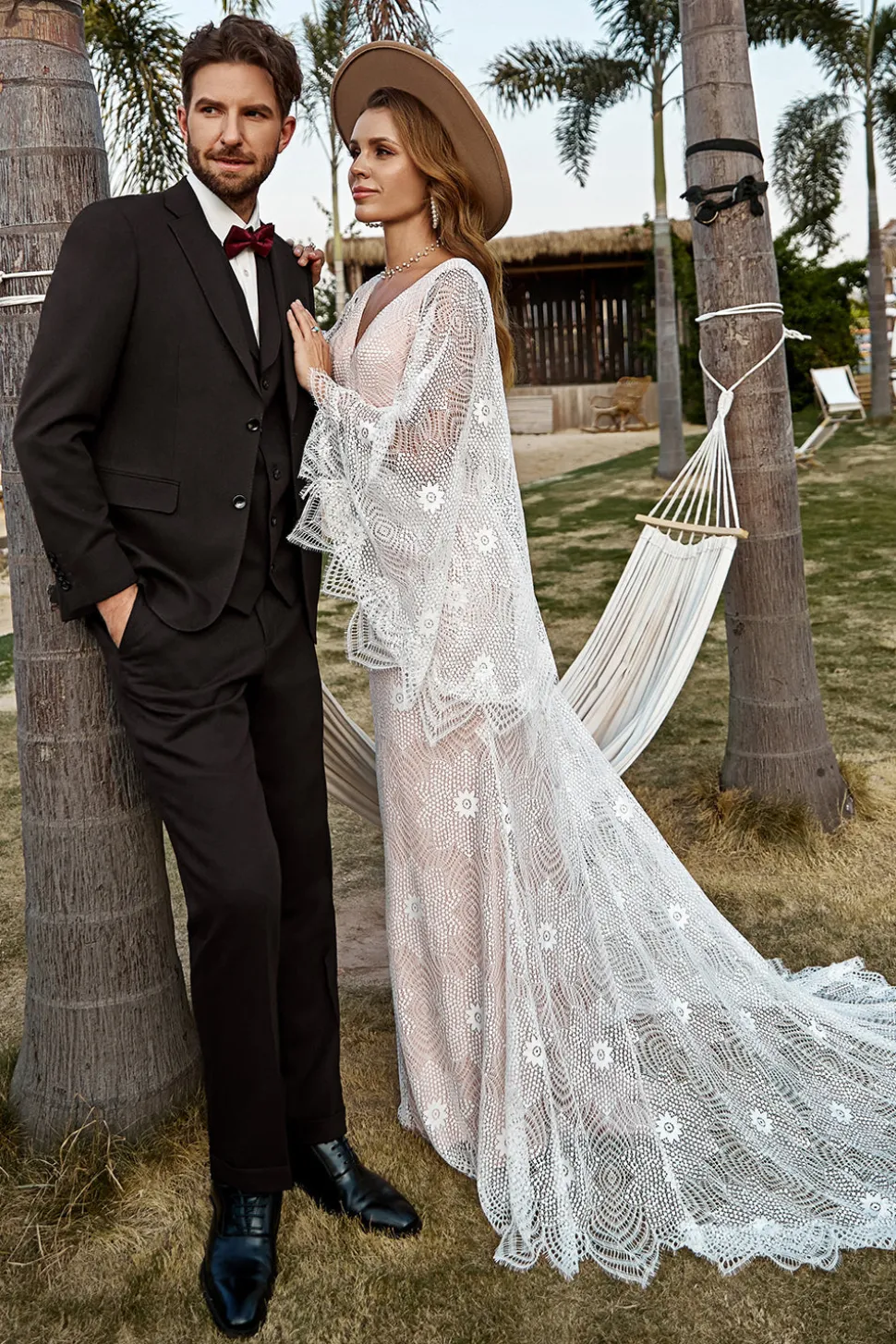 Marfim e Champanhe Renda Vestido de Noiva Boho