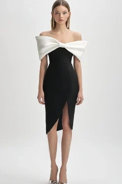 Marfim e preto fora do ombro Bodycon vestido de cocktail com fenda