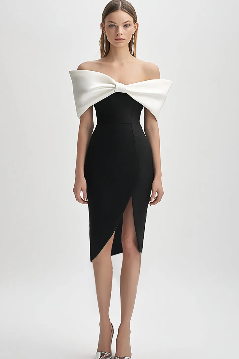 Marfim e preto fora do ombro Bodycon vestido de cocktail com fenda