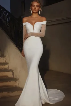 Marfim elegante fora do ombro sereia vestido de noiva longo com mangas compridas