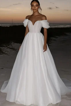 Marfim elegante fora do ombro Organza A-Line vestido de noiva longo