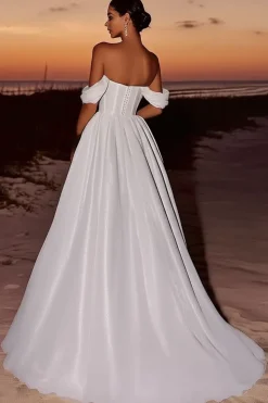 Marfim elegante fora do ombro Organza A-Line vestido de noiva longo