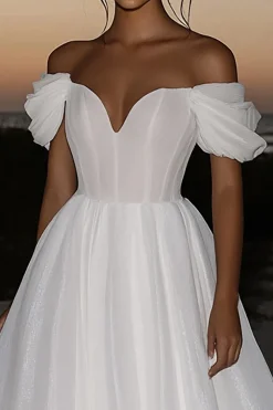 Marfim elegante fora do ombro Organza A-Line vestido de noiva longo