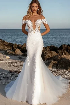 Marfim elegante fora do ombro sereia tule longo vestido de noiva com renda Applique
