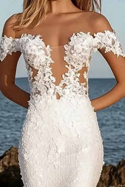 Marfim elegante fora do ombro sereia tule longo vestido de noiva com renda Applique