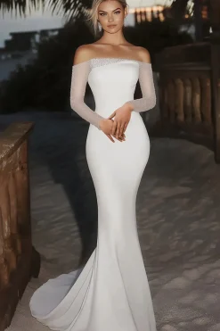 Marfim elegante fora do ombro sereia frisada vestido de noiva longo com mangas compridas