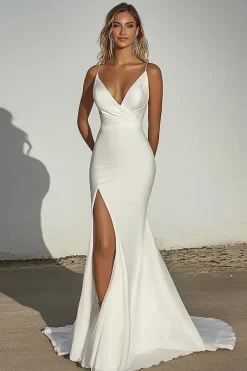 Marfim elegante fora do ombro sereia de cetim Ruched longo vestido de noiva com fenda