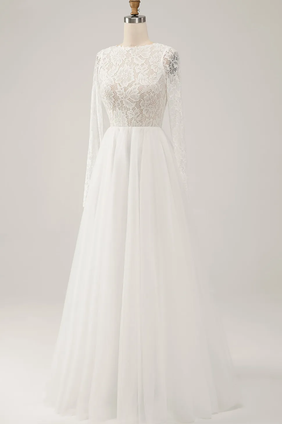 Marfim elegante uma linha sem costas mangas longas vestido de noiva com renda