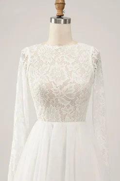 Marfim elegante uma linha sem costas mangas longas vestido de noiva com renda