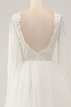 Marfim elegante uma linha sem costas mangas longas vestido de noiva com renda
