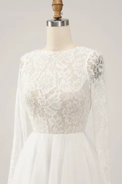 Marfim elegante uma linha sem costas mangas longas vestido de noiva com renda