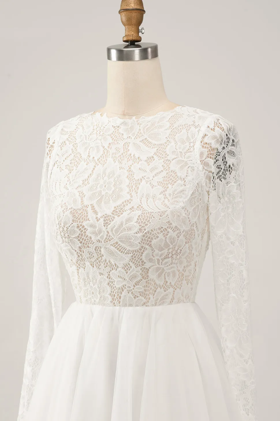 Marfim elegante uma linha sem costas mangas longas vestido de noiva com renda