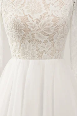 Marfim elegante uma linha sem costas mangas longas vestido de noiva com renda