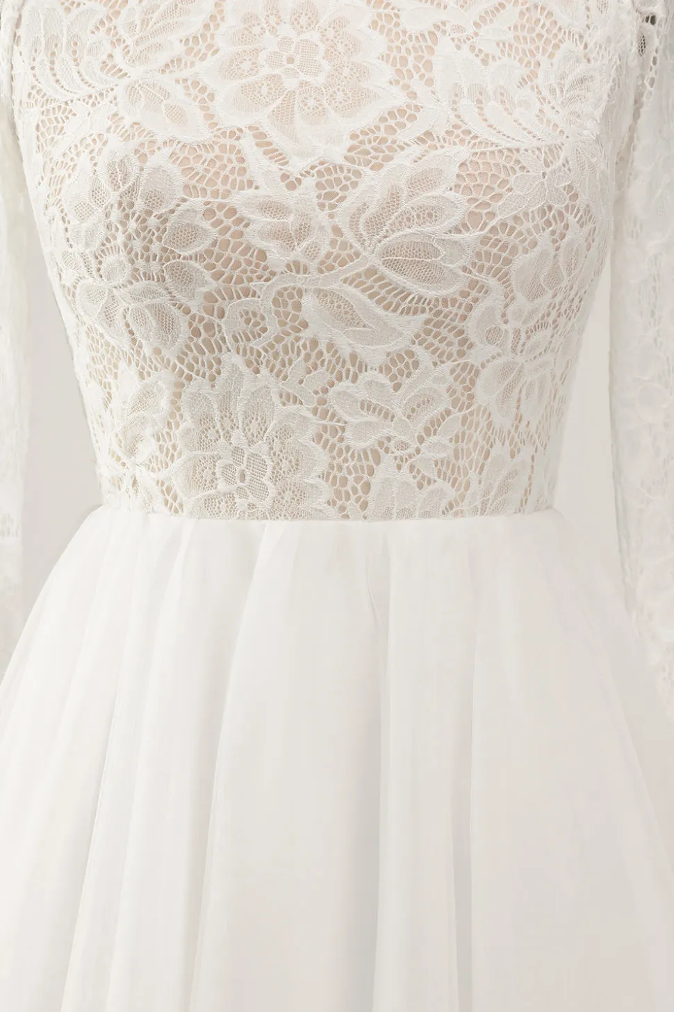 Marfim elegante uma linha sem costas mangas longas vestido de noiva com renda