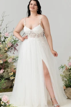 Marfim Esparguete Correias Tule Uma Linha Vestido de Noiva com Fenda