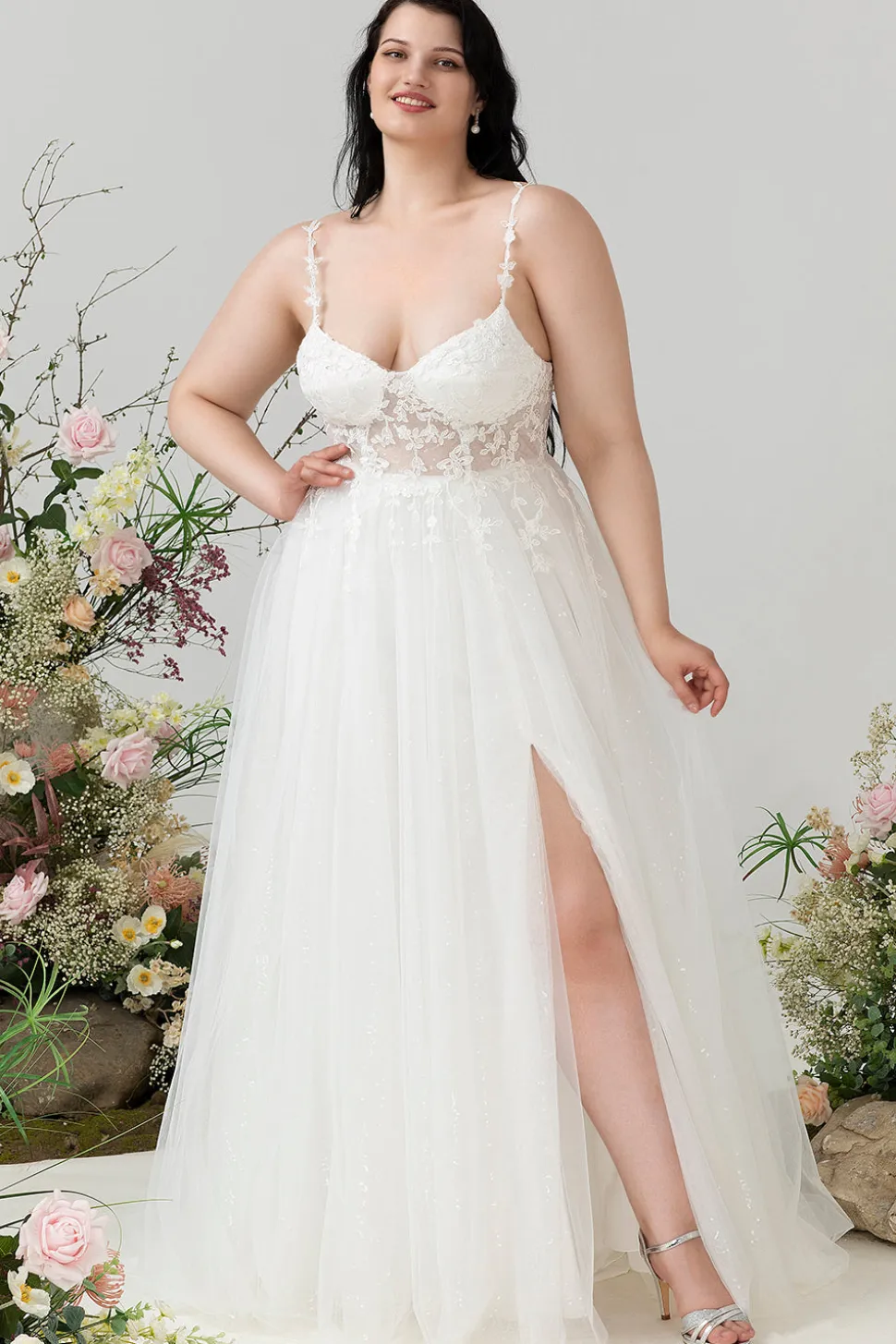 Marfim Esparguete Correias Tule Uma Linha Vestido de Noiva com Fenda