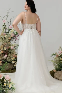 Marfim Esparguete Correias Tule Uma Linha Vestido de Noiva com Fenda