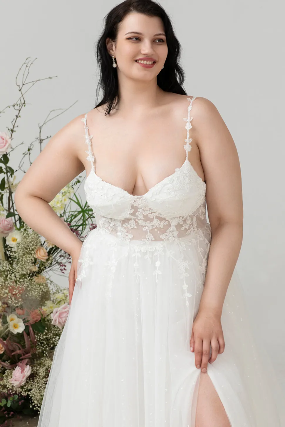 Marfim Esparguete Correias Tule Uma Linha Vestido de Noiva com Fenda