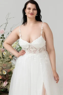 Marfim Esparguete Correias Tule Uma Linha Vestido de Noiva com Fenda