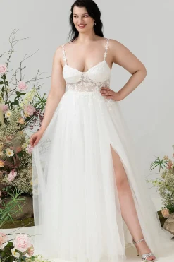 Marfim Esparguete Correias Tule Uma Linha Vestido de Noiva com Fenda