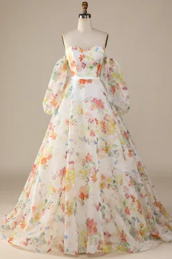 Marfim Floral A-Line Vestido de Noiva