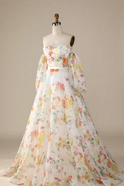 Marfim Floral A-Line Vestido de Noiva