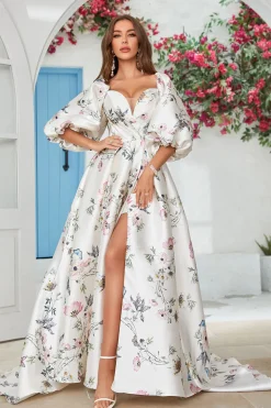 Marfim Floral Cetim Capela Trem Vestido de Noiva