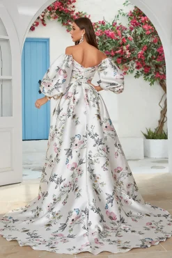 Marfim Floral Cetim Capela Trem Vestido de Noiva
