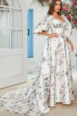 Marfim Floral Cetim Capela Trem Vestido de Noiva