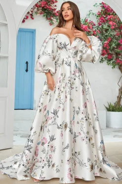 Marfim Floral Cetim Capela Trem Vestido de Noiva