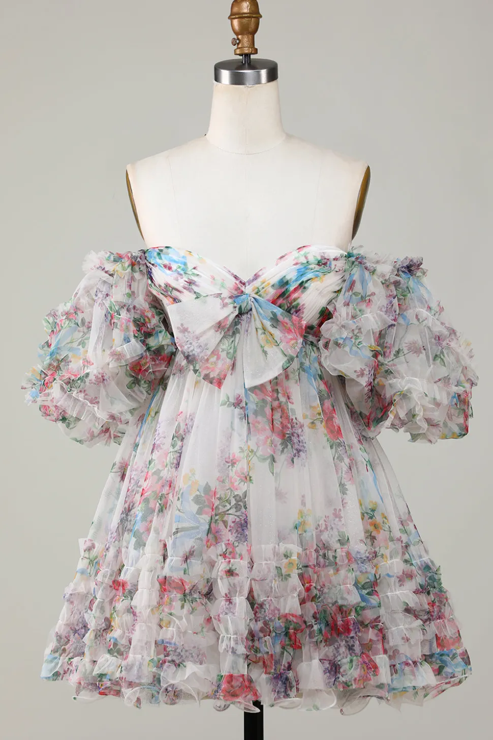 Marfim Floral Impresso A-Line Puff Mangas Curto Tule Homecoming Dress