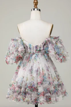 Marfim Floral Impresso A-Line Puff Mangas Curto Tule Homecoming Dress