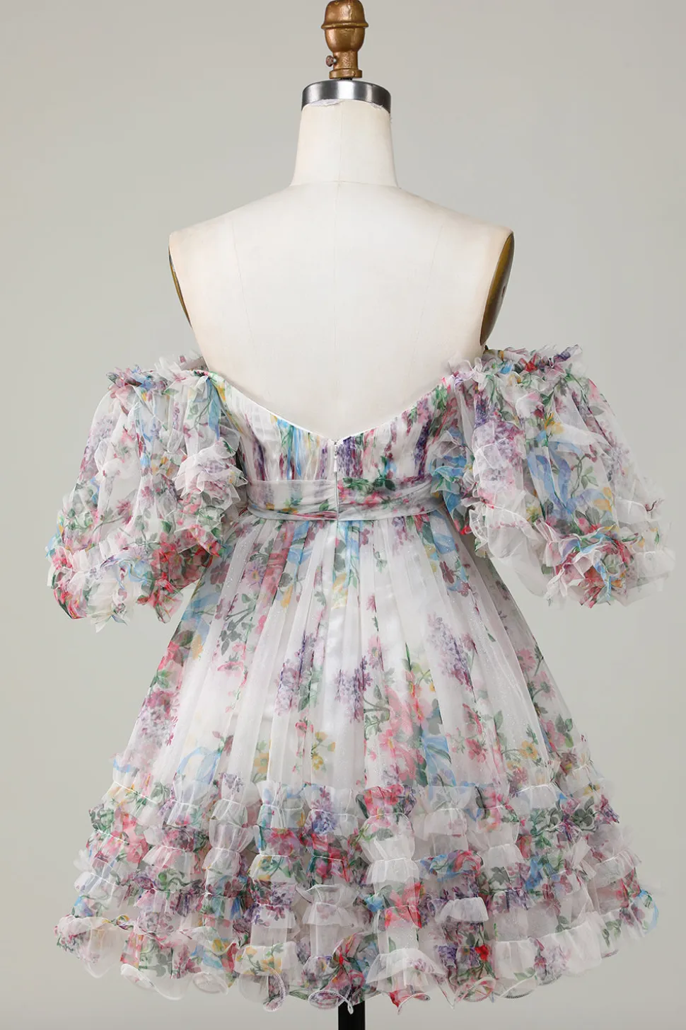 Marfim Floral Impresso A-Line Puff Mangas Curto Tule Homecoming Dress