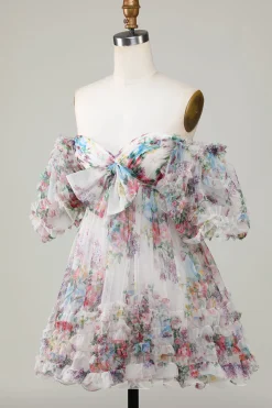Marfim Floral Impresso A-Line Puff Mangas Curto Tule Homecoming Dress