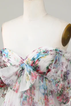 Marfim Floral Impresso A-Line Puff Mangas Curto Tule Homecoming Dress