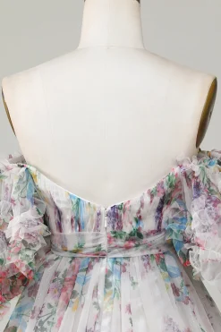 Marfim Floral Impresso A-Line Puff Mangas Curto Tule Homecoming Dress