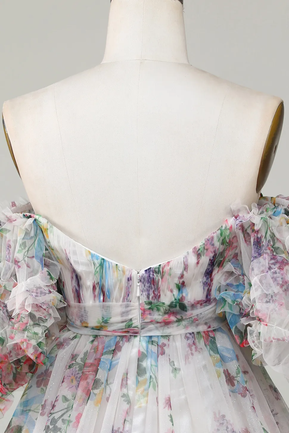 Marfim Floral Impresso A-Line Puff Mangas Curto Tule Homecoming Dress